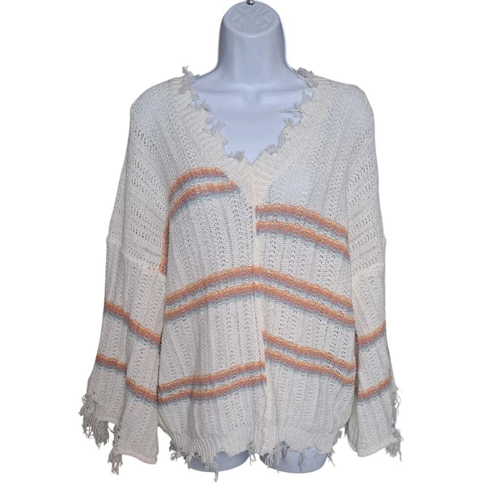 POL Frayed Hem Sweater Sz L Layering Grunge Ivory Boho Pastel Rainbow